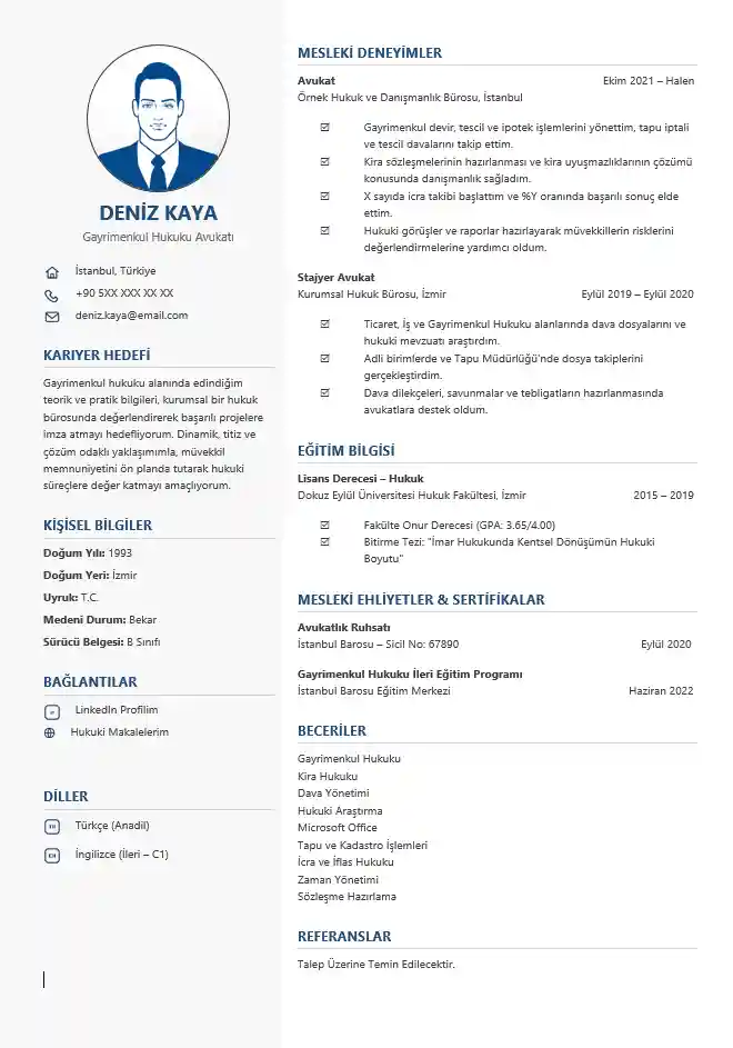 Avukatlar ve hukukçular için iki sütunlu, fotoğraflı ve mavi başlıklı modern Word CV örneği.