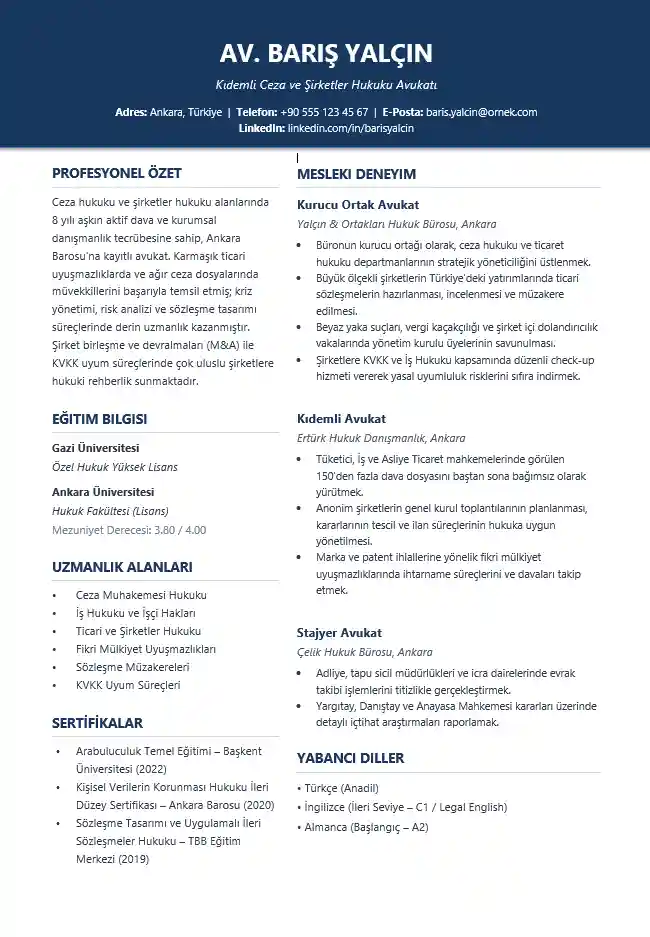 Avukatlar için fotoğrafsız, lacivert başlıklı ve ATS uyumlu iki sütunlu Word CV örneği.