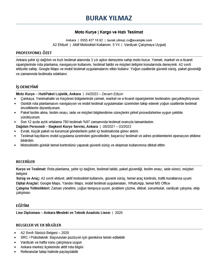 Kurye CV Örneği ve İş Başvuru Formu – Word Şablonu ATS uyumlu kurye CV örneği Word formatında