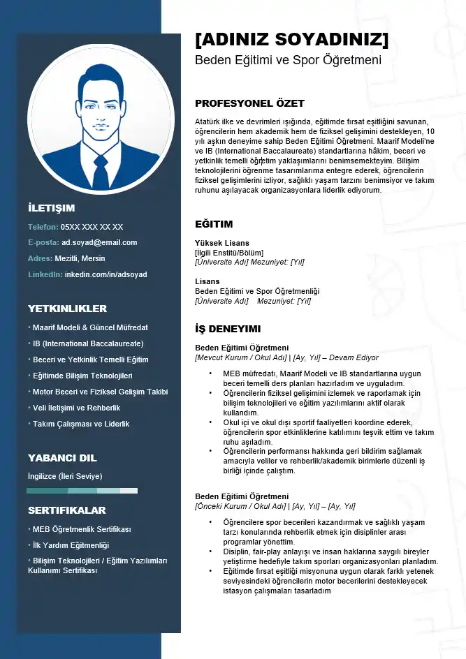 Beden Eğitimi Öğretmeni CV Örneği beden egitimi ogretmeni cv ornegicv format