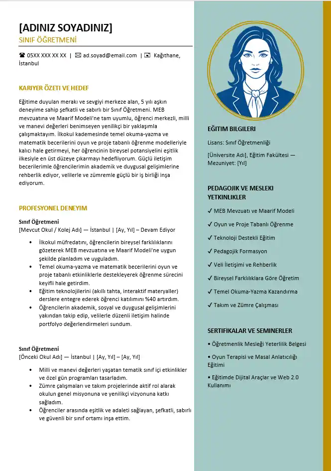 Branşlara Göre Öğretmen CV Örnekleri ve Word Şablonları Sınıf öğretmeni CV örneği