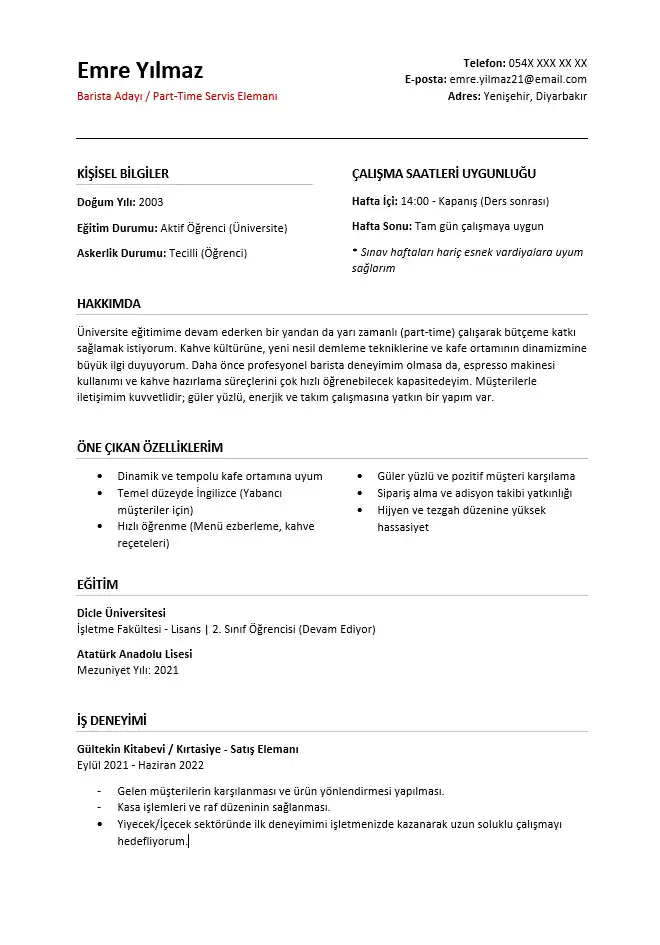 Part-Time Garsonluk için CV örneği