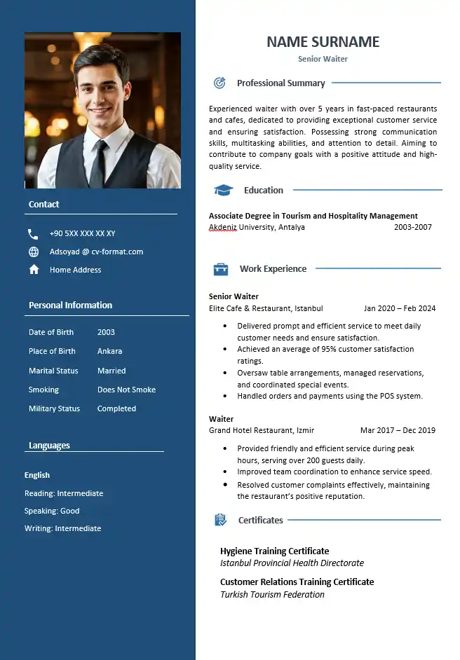 İngilizce Garson CV Örneği 
