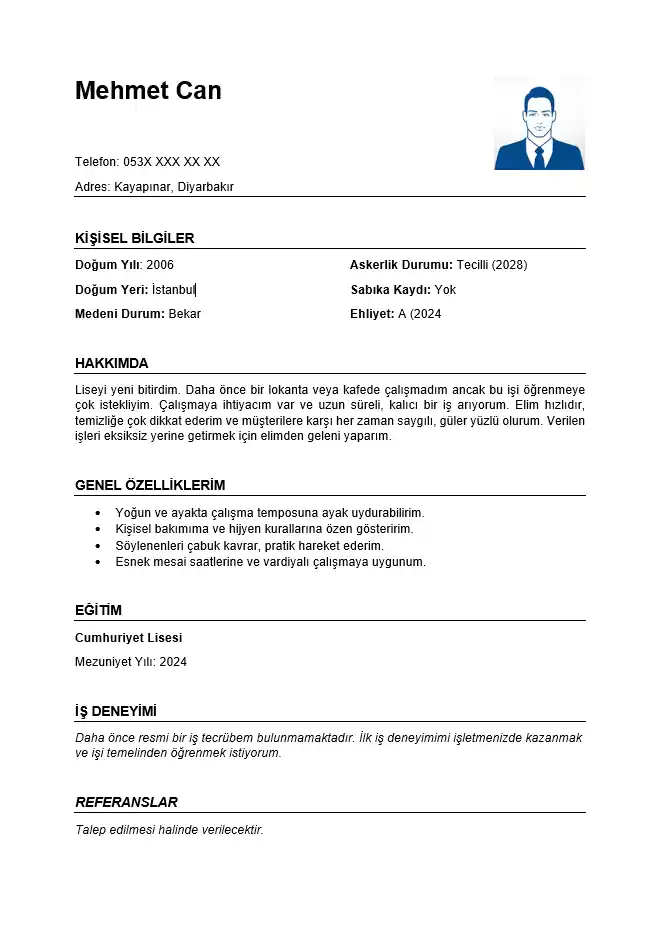 Tecrübesiz Garson CV ÖRneği