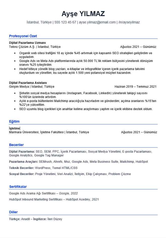 Ücretsiz ATS Uyumlu CV Örnekleri ATS Uyumlu CV Örneği Diital Marketing