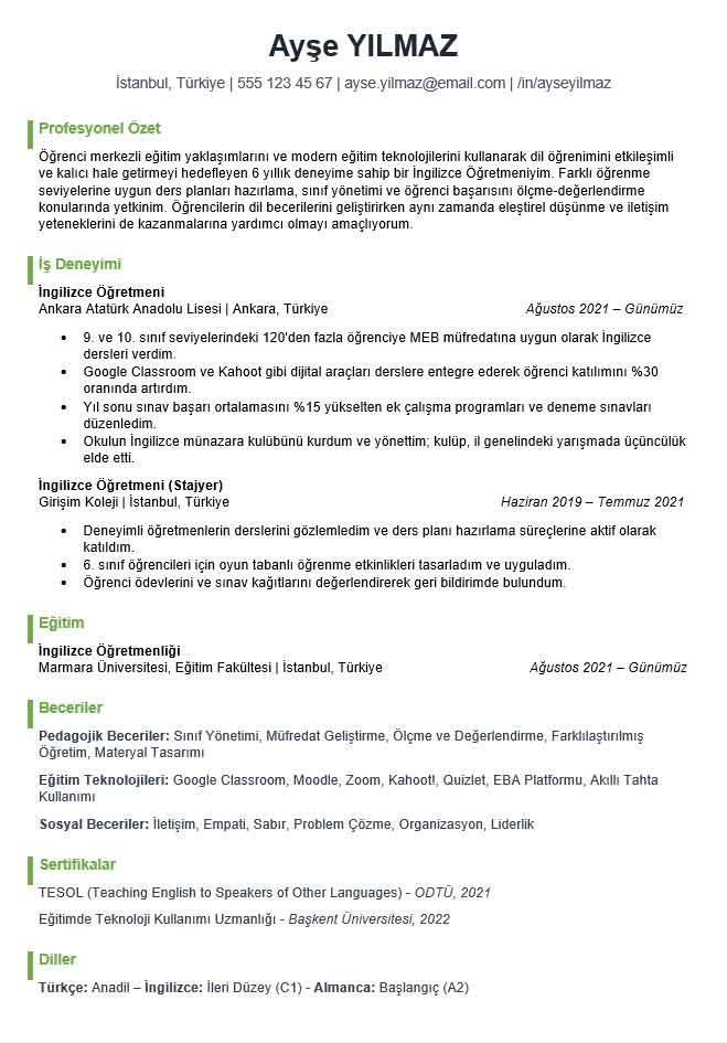 Ücretsiz ATS Uyumlu CV Örnekleri ATS CV Örneği İngilizce Öğretmeni