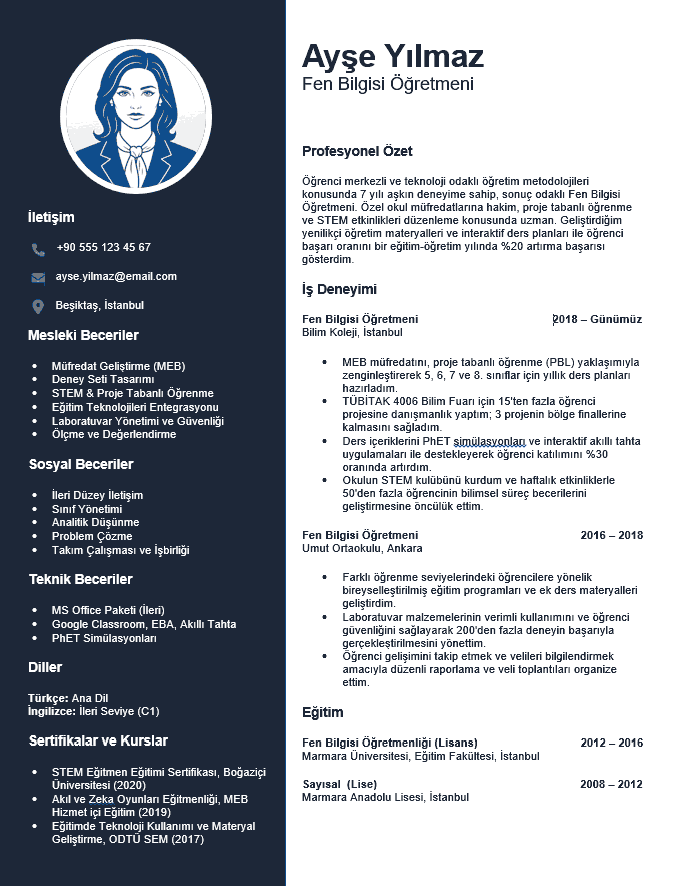 Fen Bilgisi Öğretmeni CV Örneği