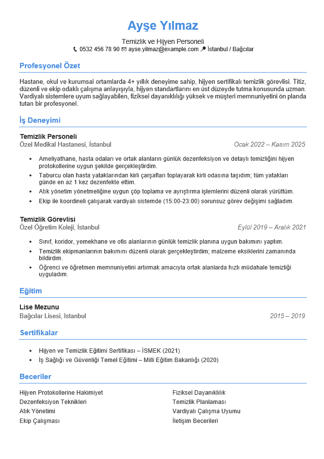 Hijyen ve Temizlik Personeli CV Hazırlama ipuçları ve örnek