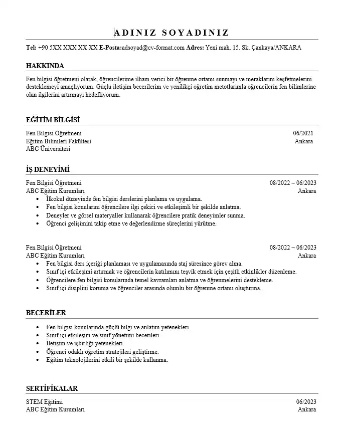 Branşlara Göre Öğretmen CV Örnekleri ve Word Şablonları Fen bilgisi öğretmeni Word CV örneği