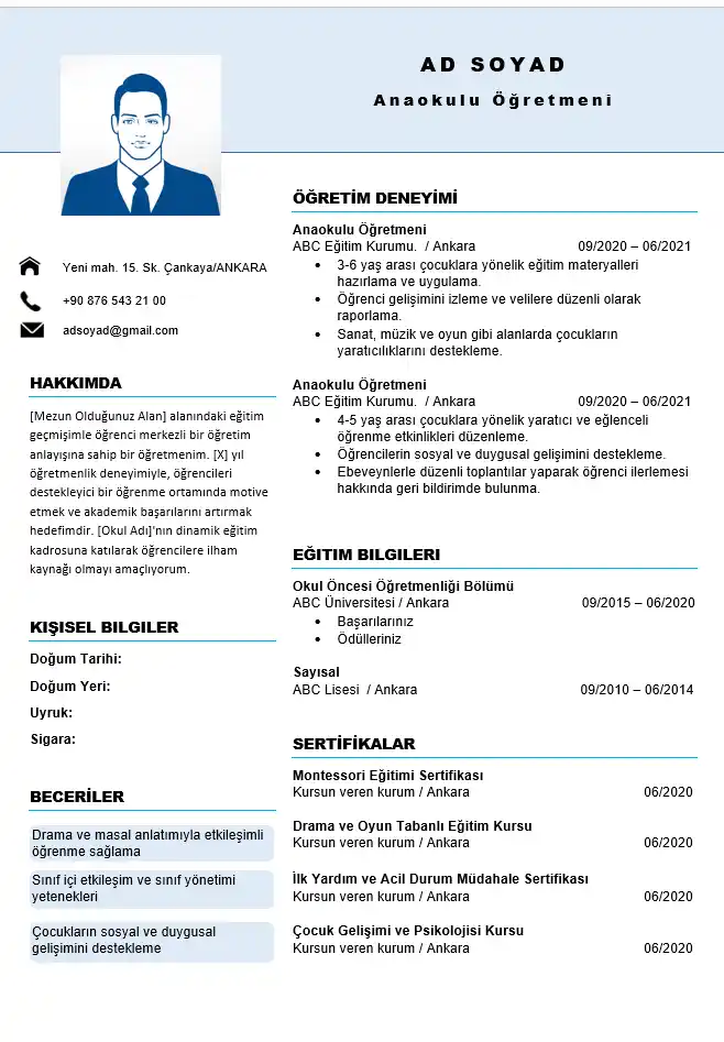 Branşlara Göre Öğretmen CV Örnekleri ve Word Şablonları Okul öncesi öğretmeni Word CV örneği