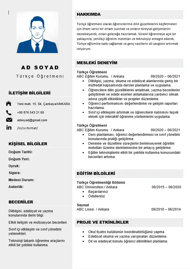 Branşlara Göre Öğretmen CV Örnekleri ve Word Şablonları Türkçe öğretmeni Word CV örneği