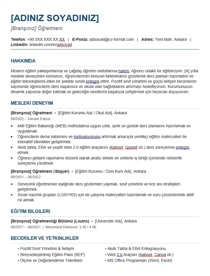 Branşlara Göre Öğretmen CV Örnekleri ve Word Şablonları Sade öğretmen Word CV şablonu