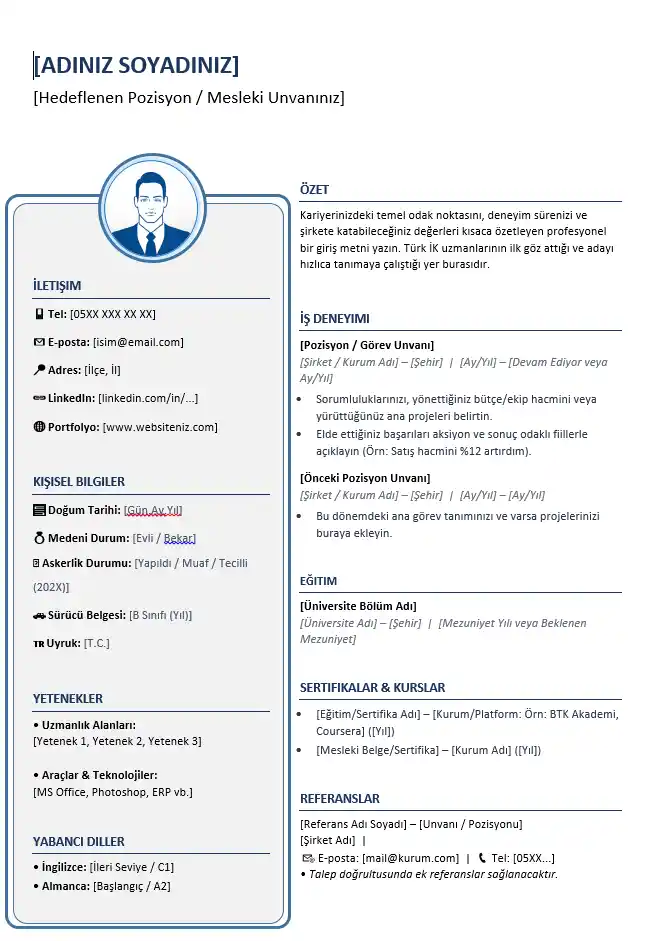 Mavi çerçeveli, iki sütunlu ve fotoğraflı doldurulabilir profesyonel CV örneği.