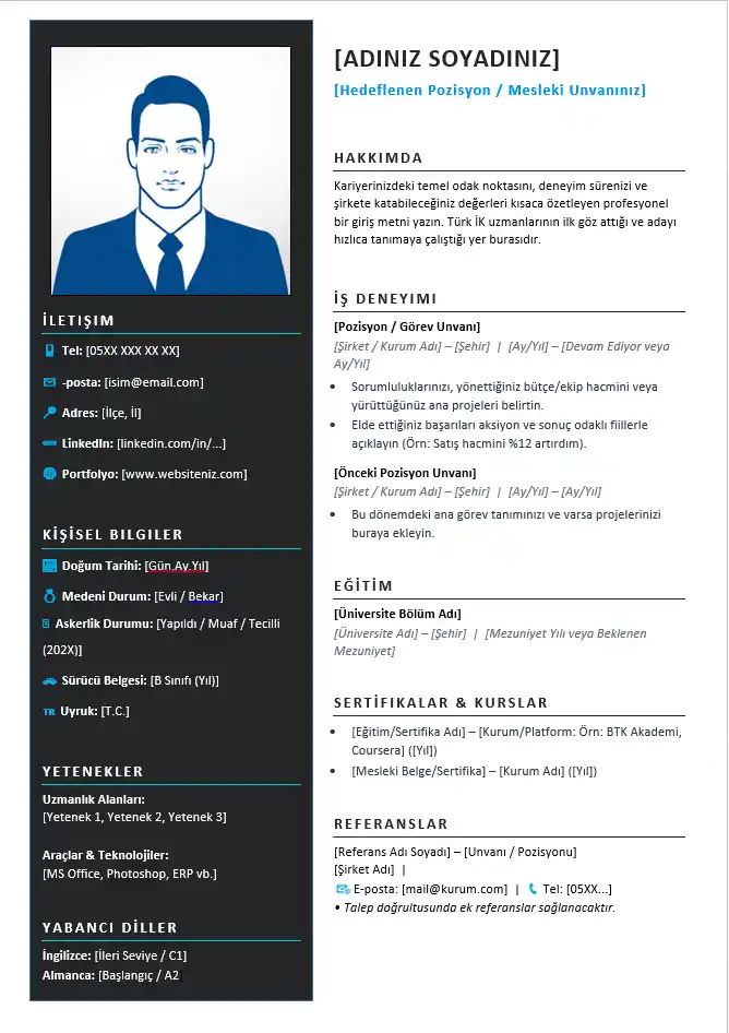 Koyu gri sol sütunlu, modern tasarımlı ve Türkiye iş piyasasına uygun boş Word CV şablonu.