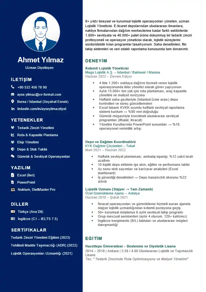 Word CV Örnekleri Kıdemli pozisyonlar için tasarlanmış, koyu mavi kenar çubuklu, fotoğraflı ve iki sütunlu modern Word CV örneği.