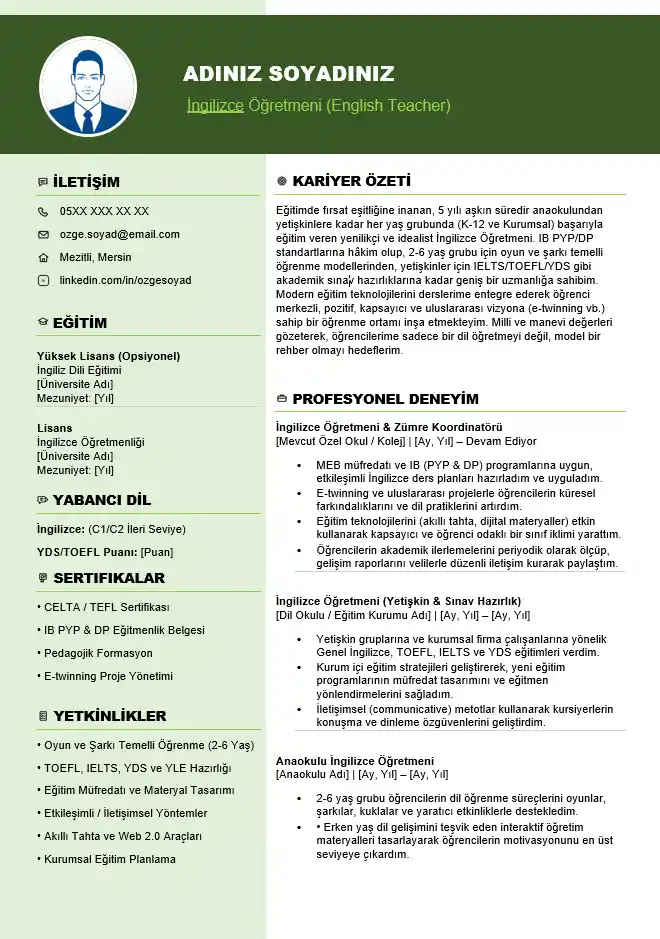 Word CV Örnekleri eğitimciler için yeşil başlıklı, iki sütunlu ve fotoğraflı modern Word CV şablonu.